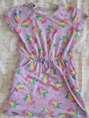 Kidgets Lavender Rainbow Unicorn Drawstring Pajama Dress